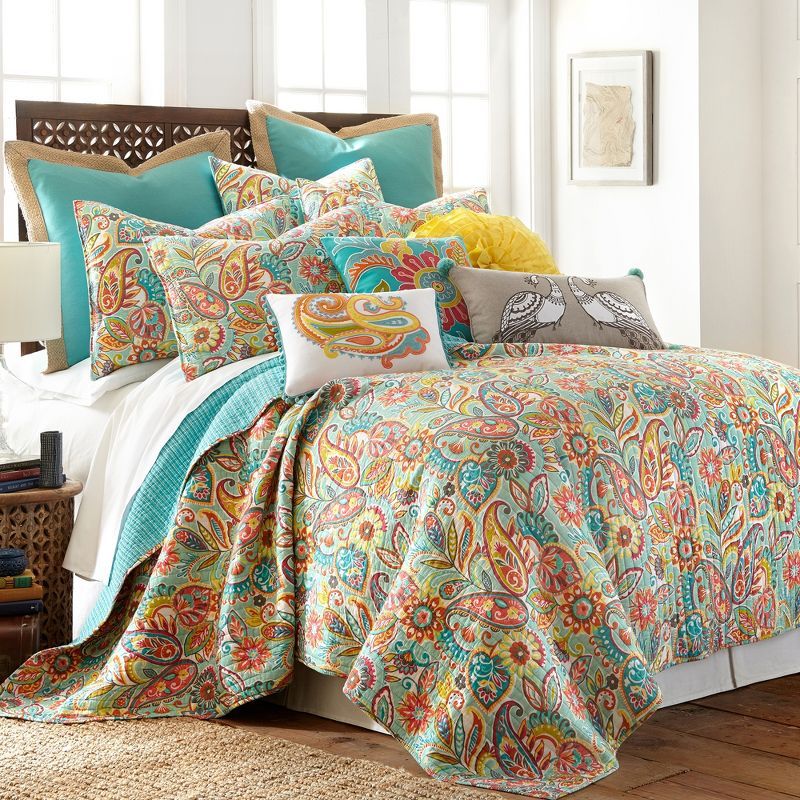 Bright Paisley and Teal Zig-Zag Full Cotton Quilt Set