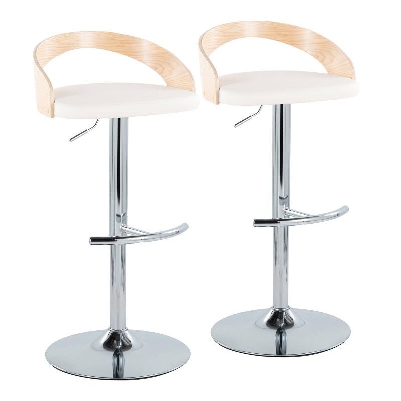 White and Natural Wood Adjustable Swivel Bar Stools, Set of 2