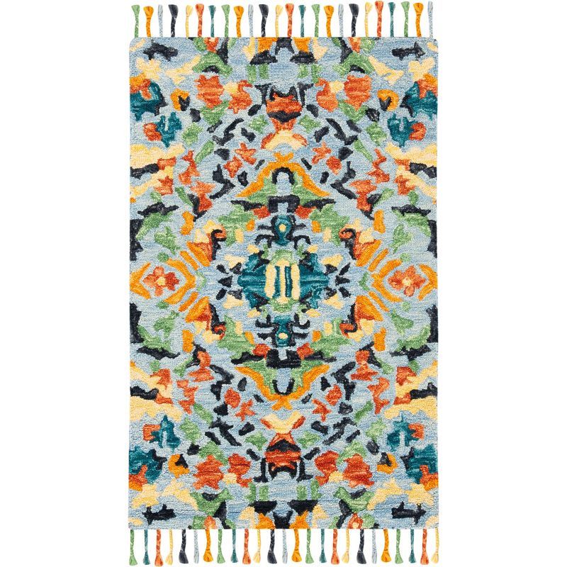 Handmade Blue Wool Floral Rectangular Area Rug with Tassels