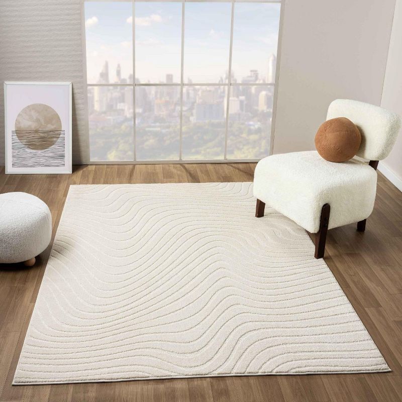 Cream 8' x 10' Modern Geometric Wave Synthetic Area Rug
