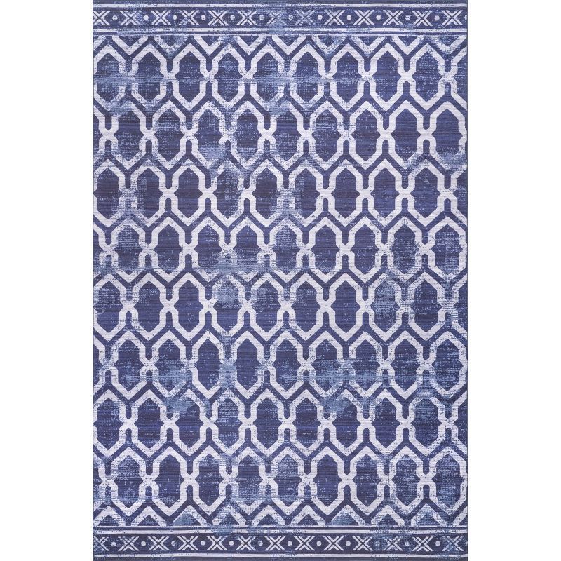 SustainaBlue 6' x 9' Geometric Washable Synthetic Area Rug