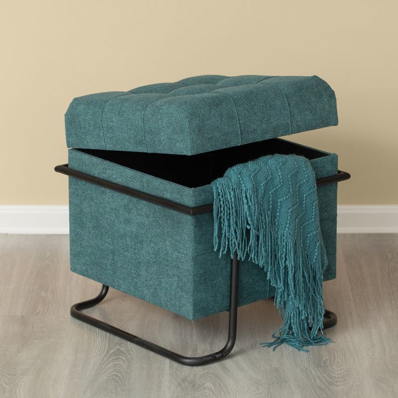 Modern Blue Square Fabric Storage Ottoman with Black Metal Frame