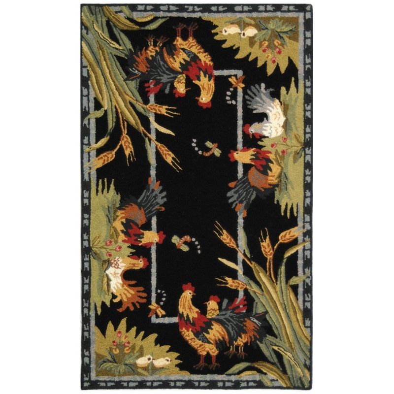 Handmade Black Wool Area Rug with Rooster Pattern