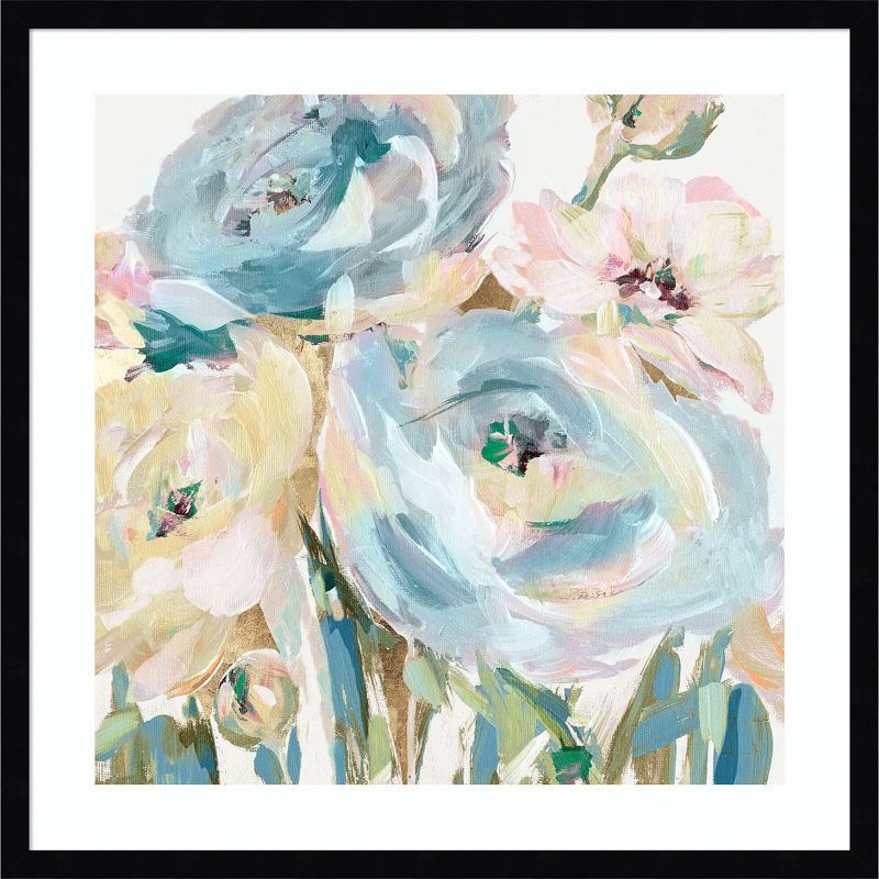 Pastel Floral Abstract Lithograph with Black Wood Frame, 25 x 25