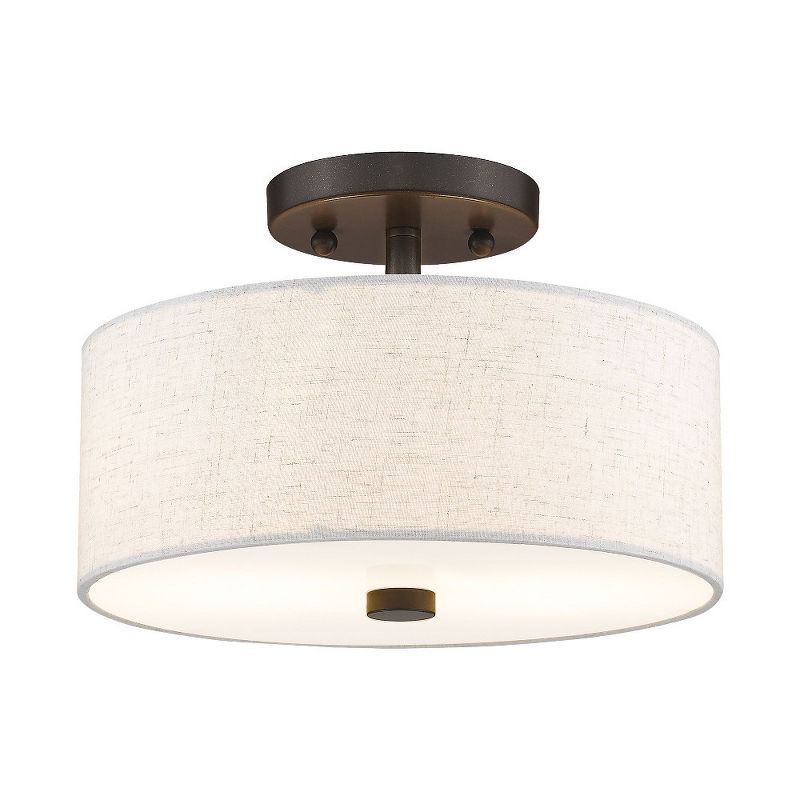 English Bronze 2-Light Semi-Flush Mount with Oatmeal Shade