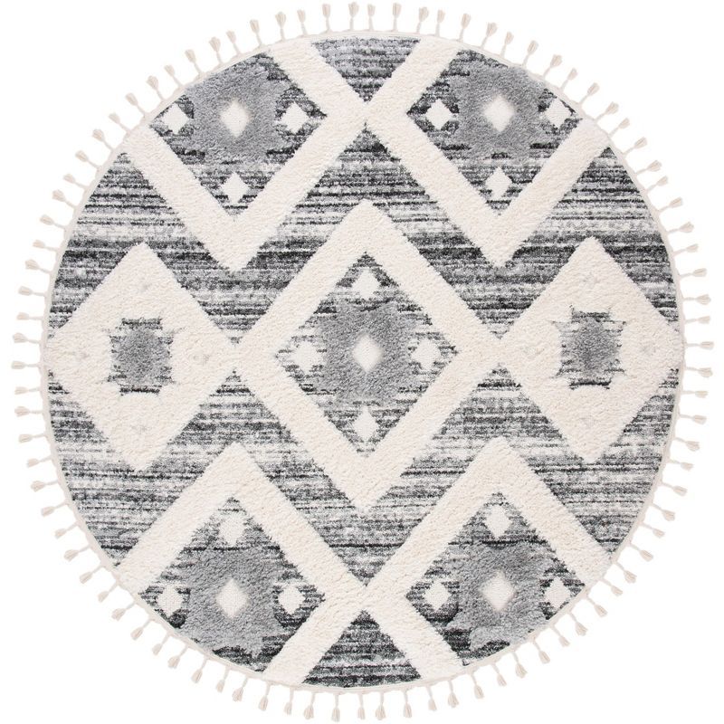 Grey and Ivory Round Diamond Shag Area Rug, 8' Synthetic