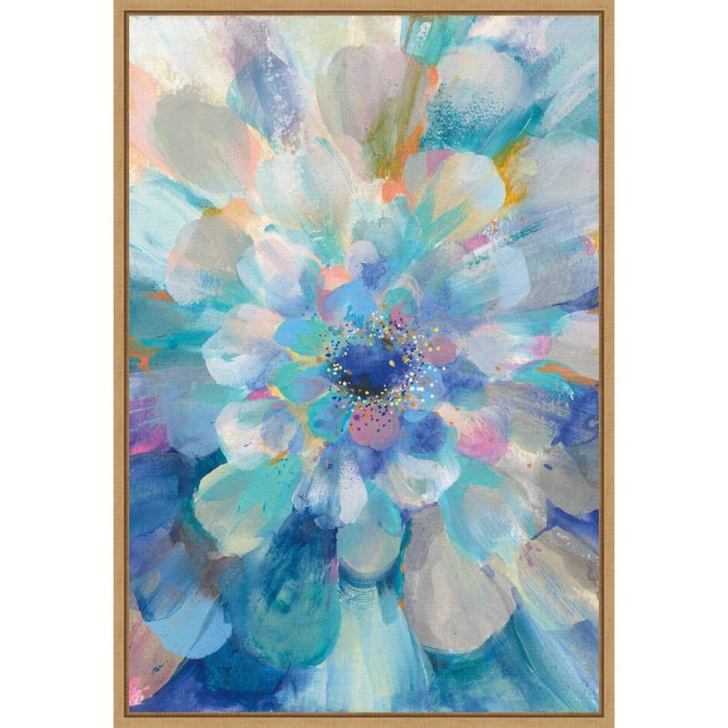 Intensity Floral II Blue and Pink Abstract Canvas Print with Maple Frame