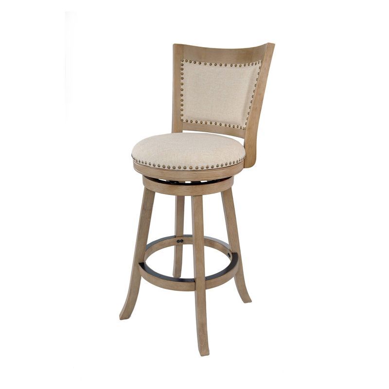 Driftwood Wire-Brush Swivel Barstool with Linen Upholstery and Brass Nailheads