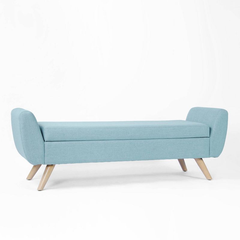 French Blue Upholstered Storage Bench with Wood Legs