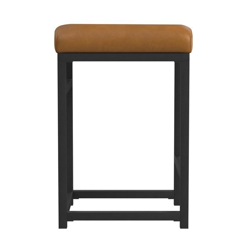24" Black Metal Counter Height Stool with Carmel Faux Leather Seat