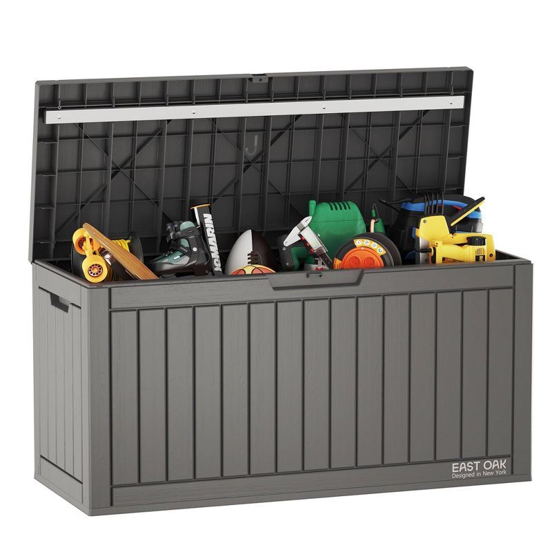 East Oak 60 gal Waterproof Resin Deck Box Gray: Easy-Move Handles, Secure Lock, Bench Seating