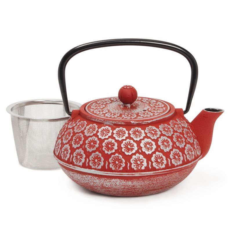 Red Floral Cast Iron Japanese Teapot with Infuser, 34 oz