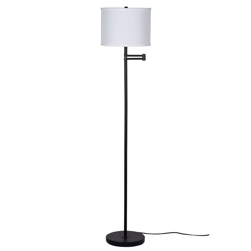 Black Metal Swing Arm Floor Lamp with White Linen Shade