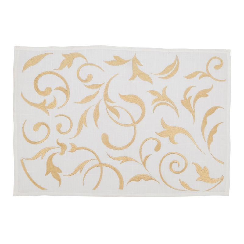 Gold Embroidered Leaf Pattern Fabric Placemats, Set of 4