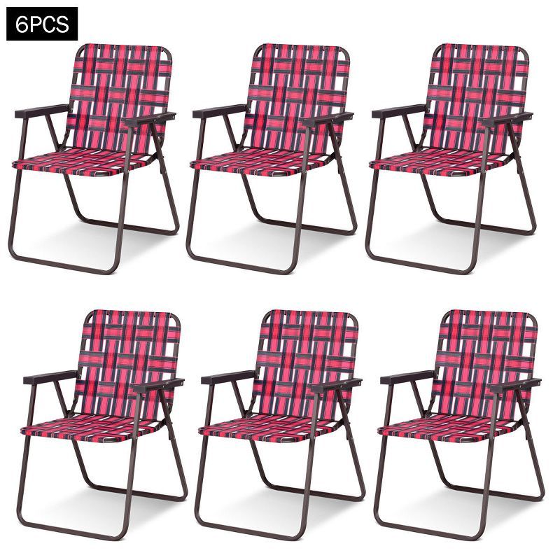 Red Folding Steel Frame Camping Chairs with PE Webbing, Set of 6