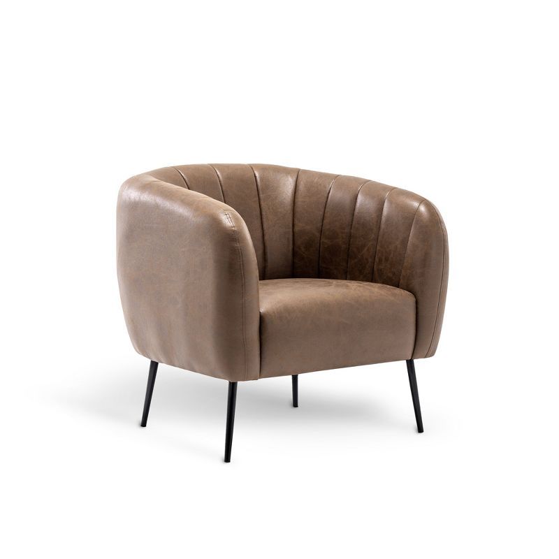 Brown Faux Leather Channel Barrel Chair with Metal Legs