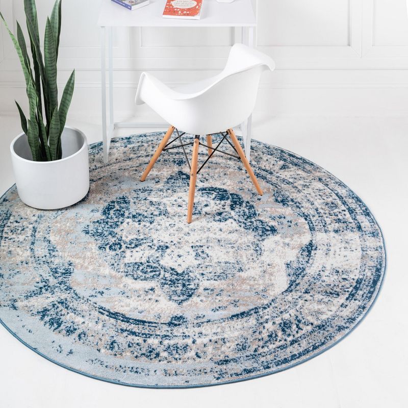 Reversible Round Blue and Light Blue Medallion Synthetic Rug