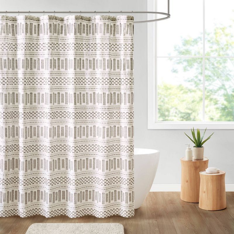 Ivory and Charcoal Cotton Jacquard Shower Curtain with Stripes