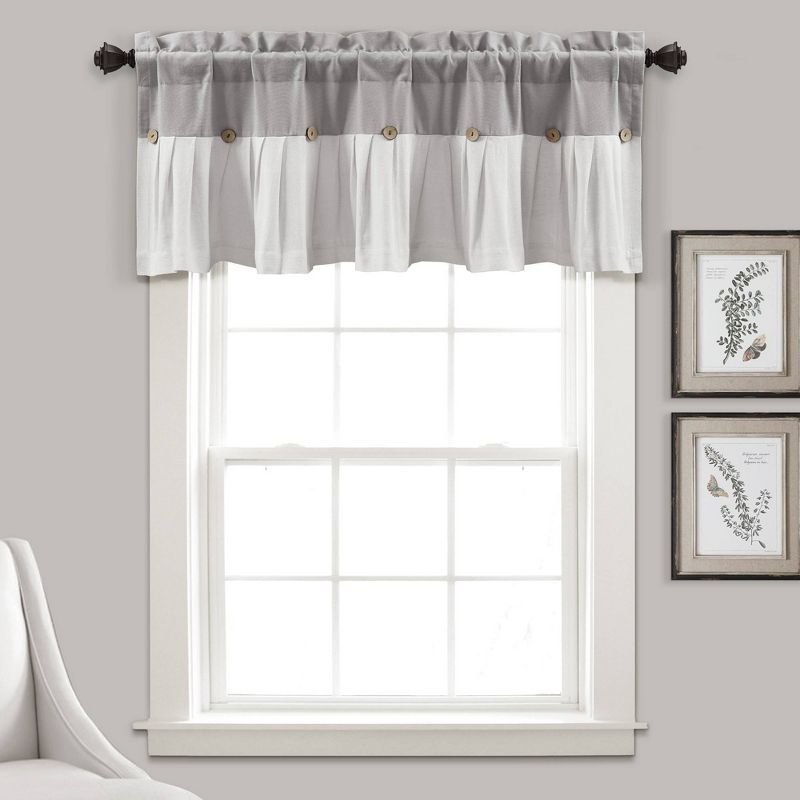 Gray and Off-White Linen Button Farmhouse Valance with Coconut Husk Buttons