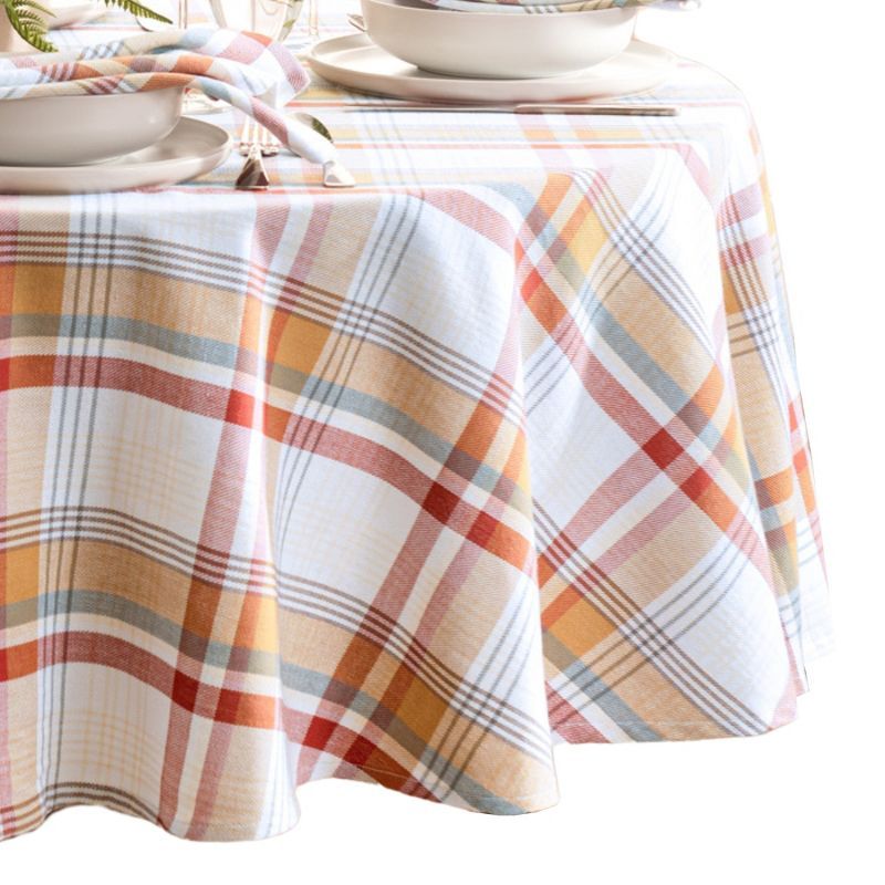 70" Round Plaid Harvest Fabric Tablecloth in Fall Colors