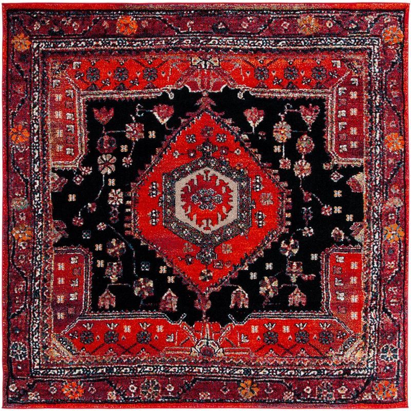 Vintage Black and Red Square Synthetic Area Rug