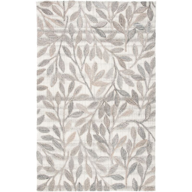 Beige and Gray Handmade Wool Botanical Area Rug, 5' x 8'