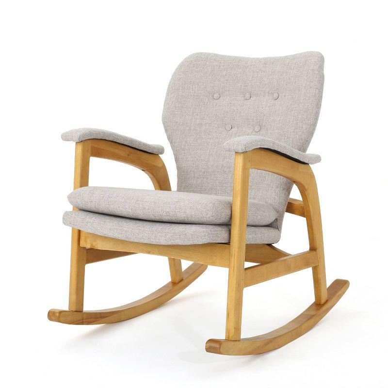 Wheat Fabric and Light Walnut Mid-Century Rocking Chair