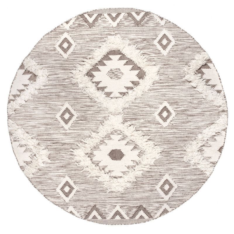 Savannah Beige Round Wool Shag Area Rug with Braided Tassels