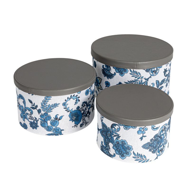 Cream and Blue Floral Nestable Hat Boxes with Faux Leather Lids, Set of 3