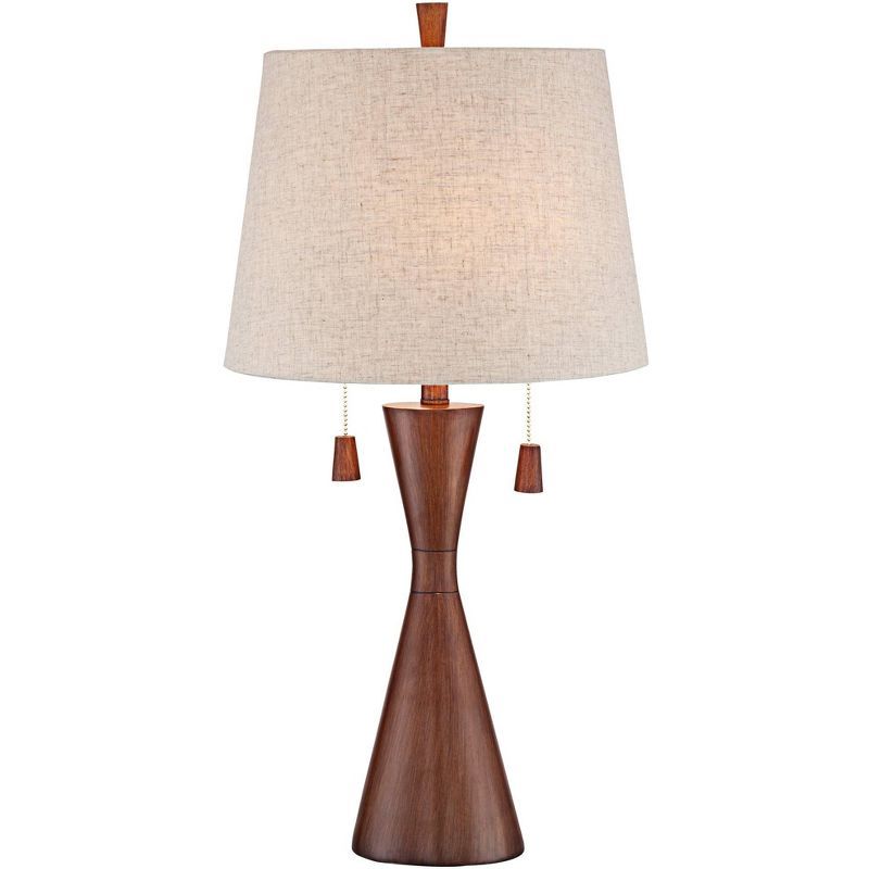 Warm Brown Faux Wood Hourglass Table Lamp with Oatmeal Fabric Shade