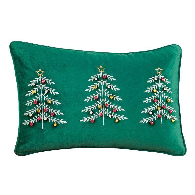 Green Velvet Christmas Trees Embroidered Accent Pillow with 3D Ornaments