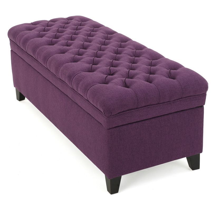 Large Purple Tufted Fabric Storage Ottoman with Birch Legs