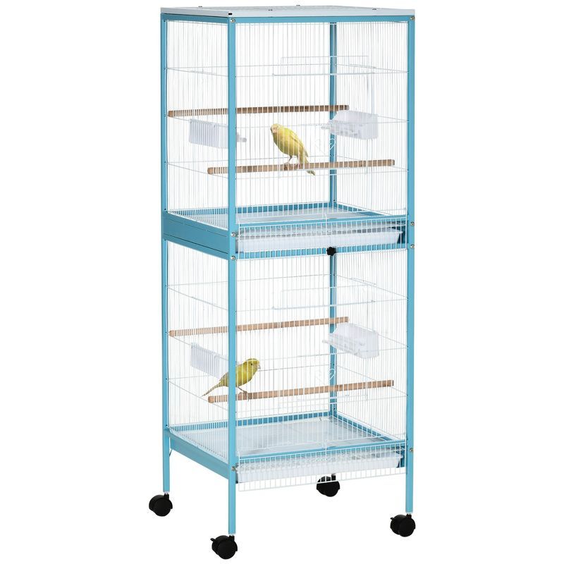 PawHut 55" Light Blue Metal Bird Cage with Wheels and Perches