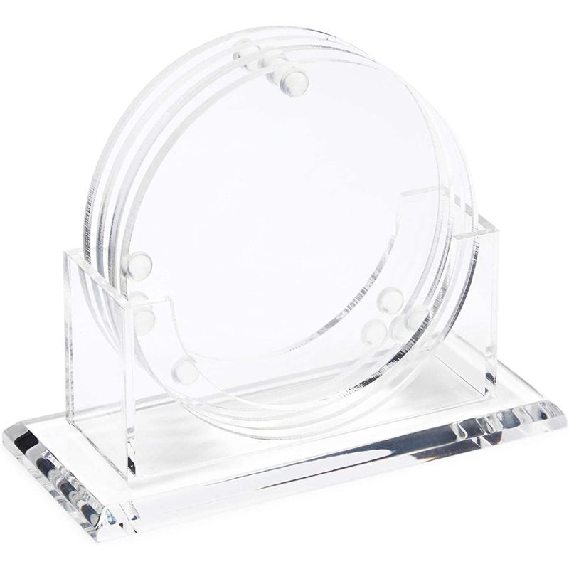 Clear Acrylic Round Drink Coasters with Stand, Set of 4