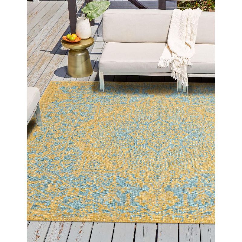 Yellow and Aqua Square Medallion Outdoor Rug