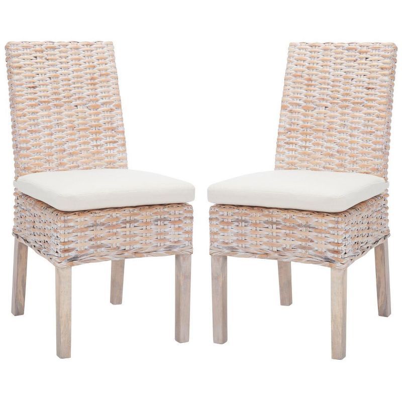 White Upholstered Rattan Side Chair with Natural Wood Legs