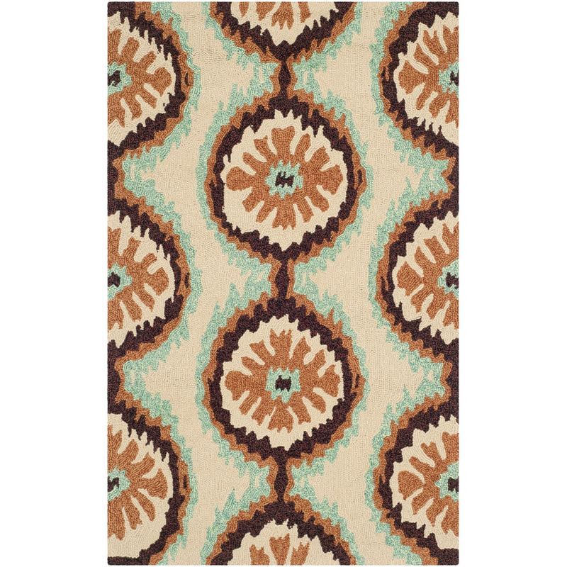 Beige and Green Floral Hand-Hooked Rectangular Rug