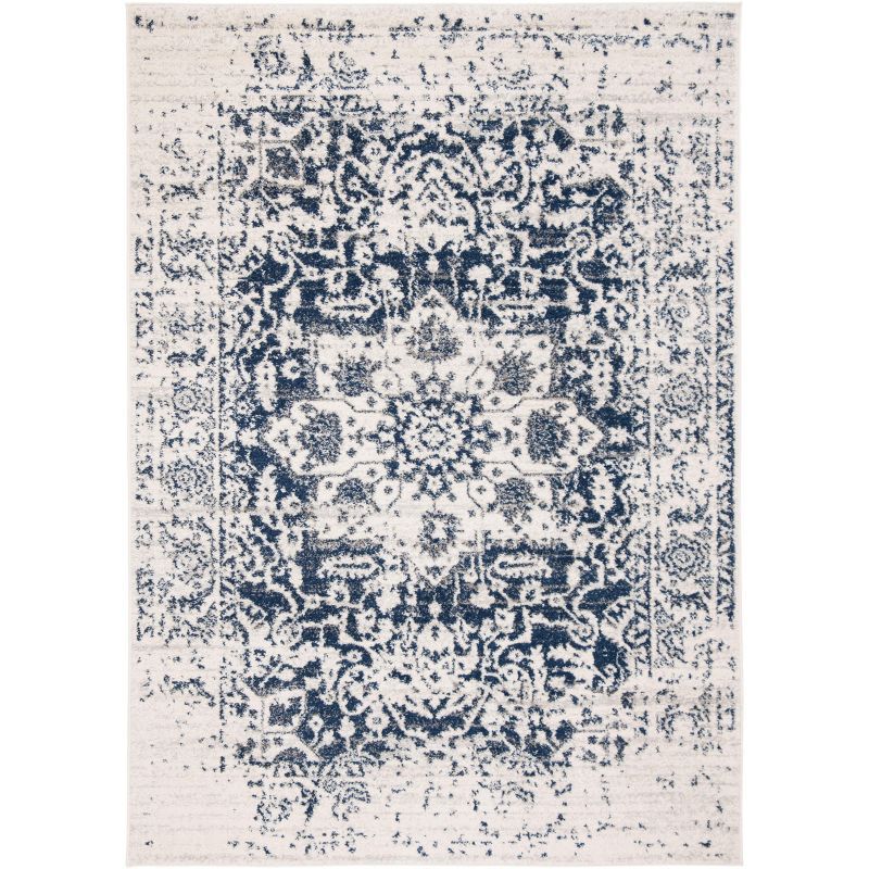 Cream & Navy Rectangular Synthetic Easy-Care Area Rug