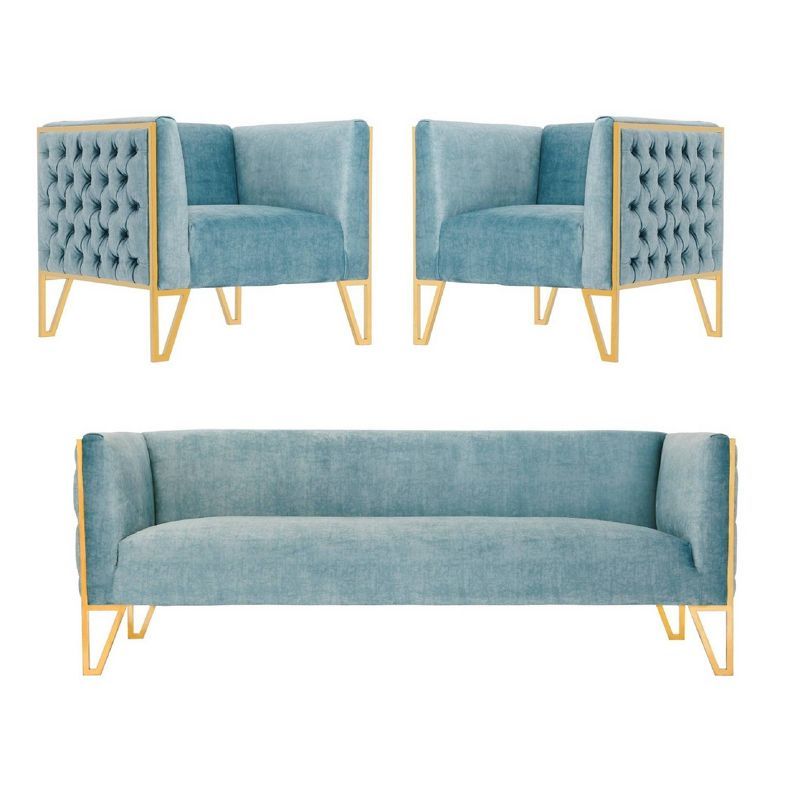 Ocean Blue Velvet Sofa and Armchair Set with Gold Legs