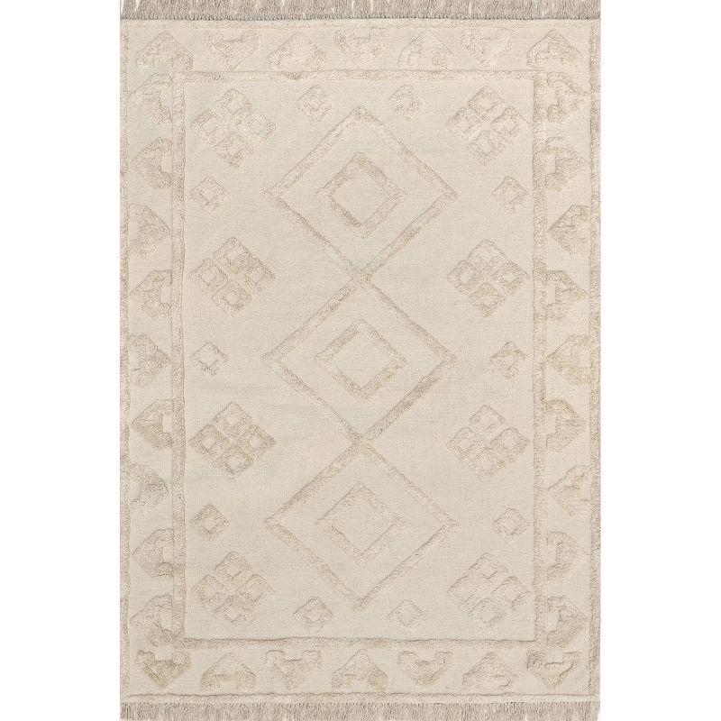 Beige Geometric Wool and Synthetic Square Area Rug, 4' x 6'