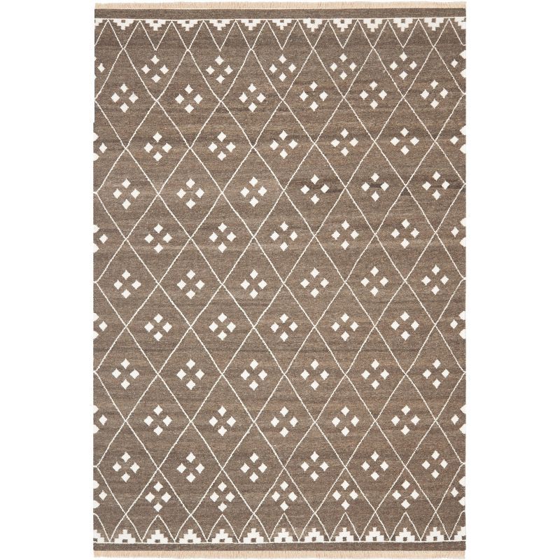 Ivory and Brown Hand-Woven Wool Kilim Rug 4' x 6'