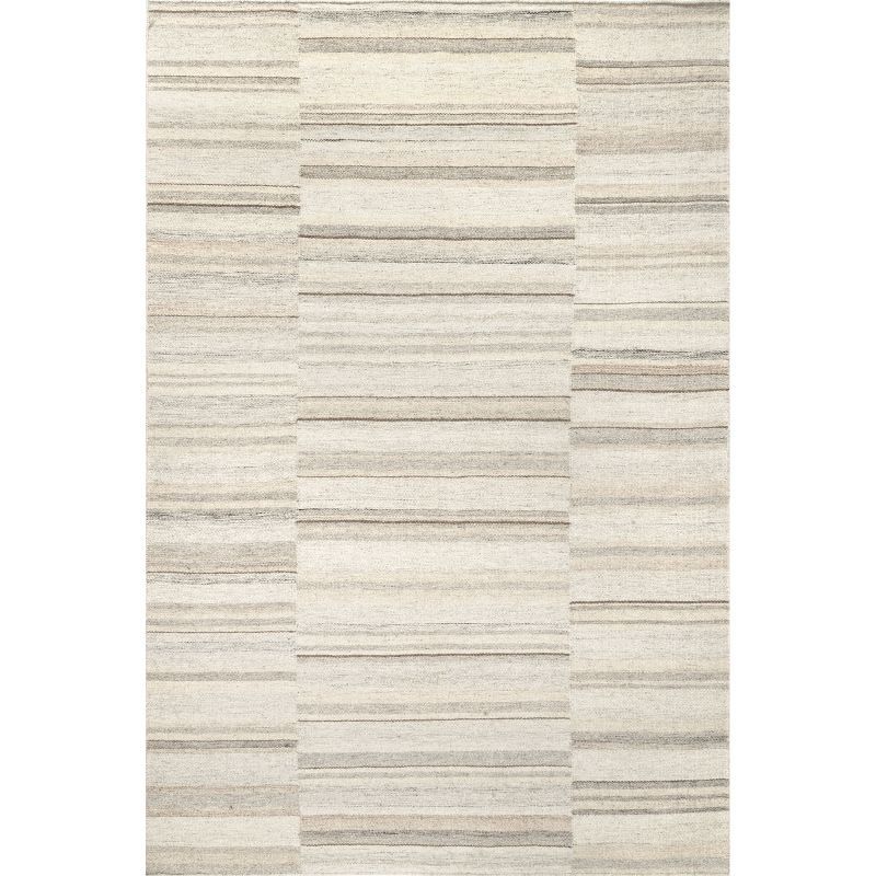 Handmade Beige Wool-Blend Rectangular Striped Area Rug, 5' x 8'