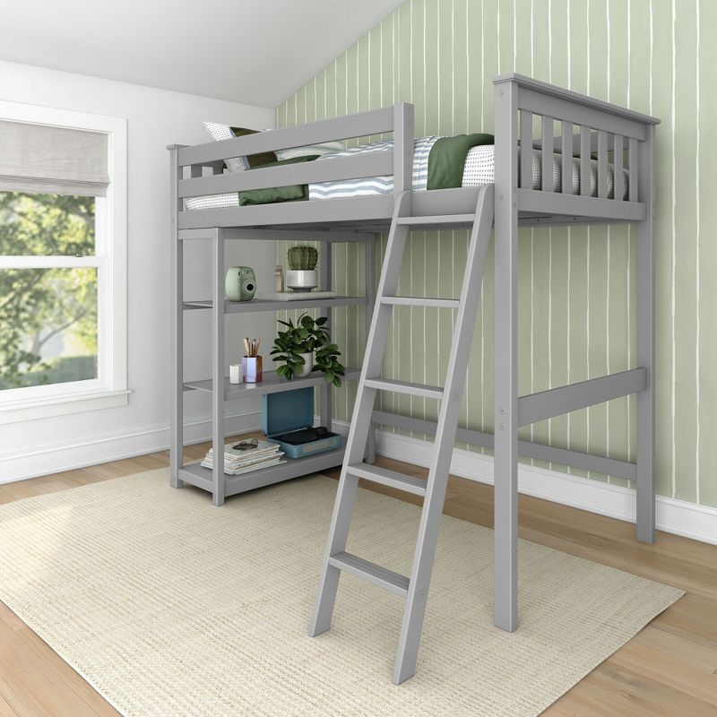 Gray Twin Loft Bed with Bookcase and Ladder