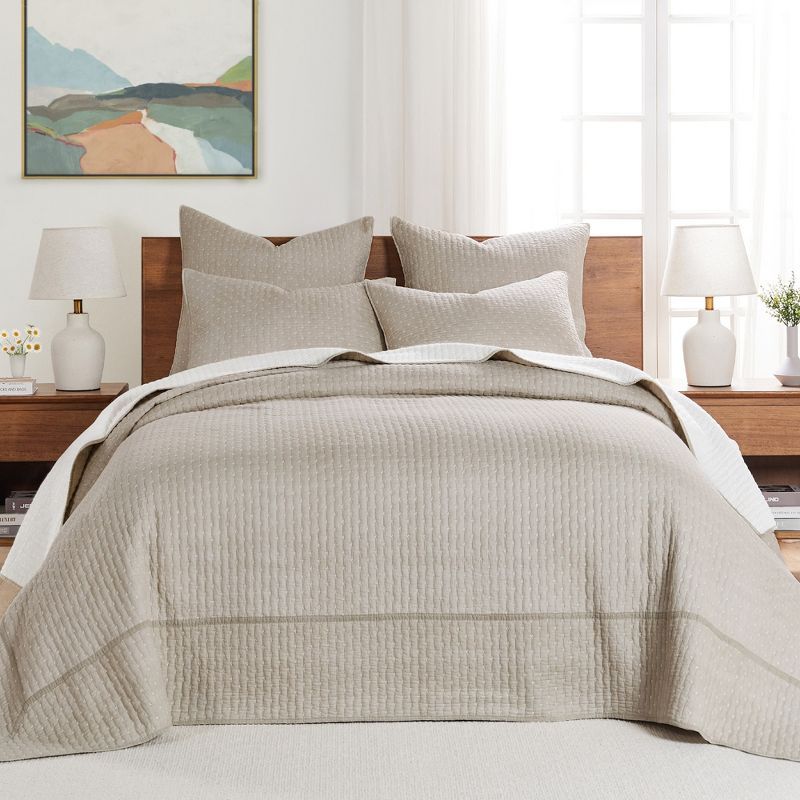 Taupe Cotton Twin Reversible Cross Stitch Bedspread Set