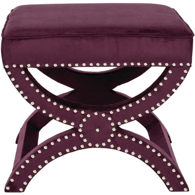 Plum Velvet Ottoman with Silver Nailhead Trim