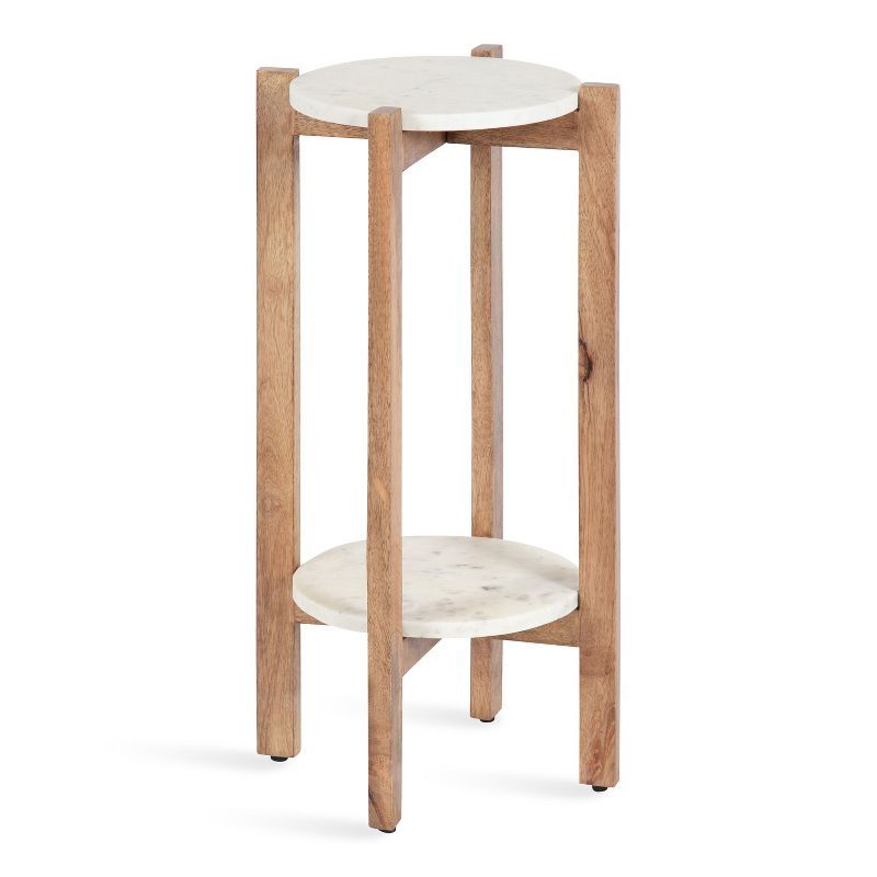Natural Mango Wood and White Marble Round Two-Tier End Table