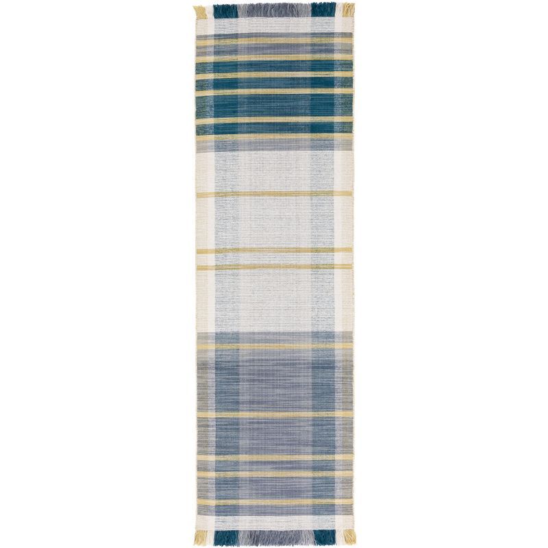 Beige and Teal Striped Wool Kilim Runner Rug