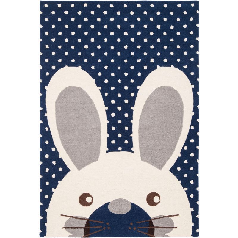 Navy and Ivory Wool Tufted Kids Bunny Rug, 4' x 6'