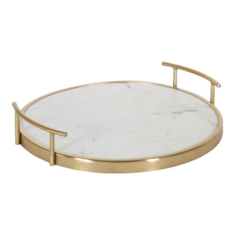 White Marble and Gold Round Metal Tray with Handles