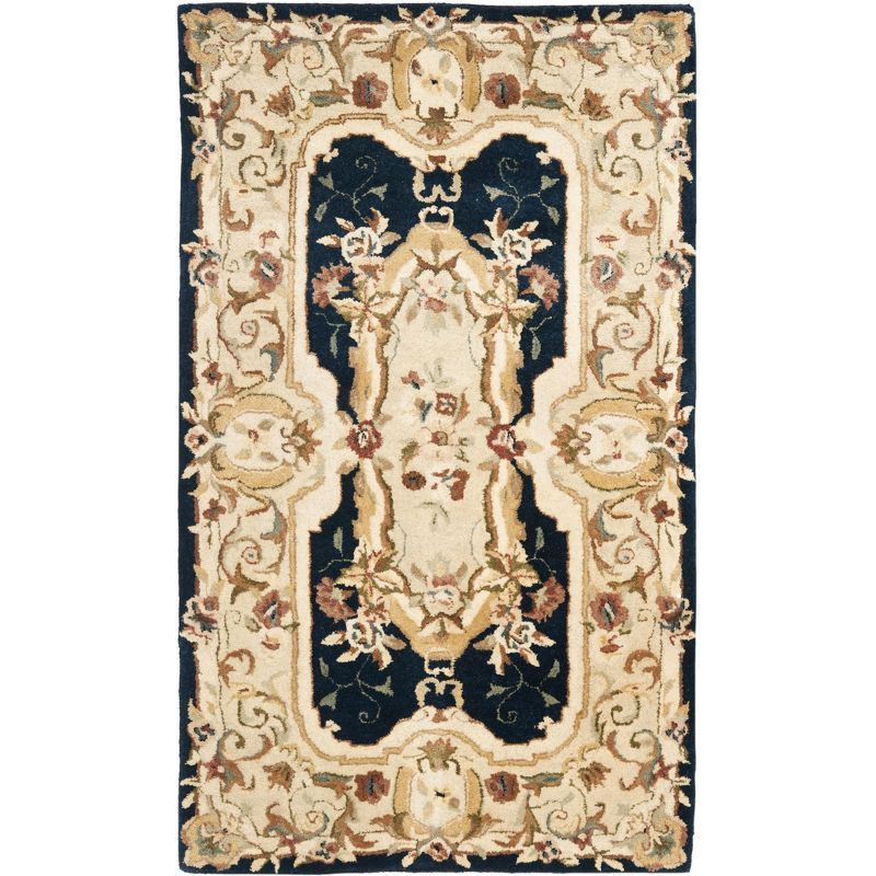 Handmade Navy and Beige Floral Wool 4' x 6' Area Rug